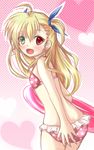  absurdres ass back bikini blonde_hair commentary_request flat_ass flat_chest hair_ribbon heart heterochromia highres innertube long_hair looking_at_viewer lyrical_nanoha mahou_shoujo_lyrical_nanoha_vivid neats open_mouth pink_bikini polka_dot polka_dot_bikini polka_dot_swimsuit ribbon smile solo swimsuit two_side_up vivio 