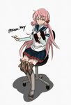  akashi_(kantai_collection) blush green_eyes hair_ribbon hip_vent kantai_collection long_hair looking_at_viewer pink_hair ribbon school_uniform serafuku shinonome_yuu sitting skirt smile solo thighhighs tress_ribbon 