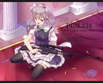  absurdres apron black_legwear blue_dress border bow braid bullet bullet_hole dress english frills gun hair_bow hair_ornament highres iwashi_(nisankatanso) izayoi_sakuya looking_at_viewer maid_headdress open_mouth puffy_sleeves red_eyes ribbon rifle short_hair short_sleeves silver_hair sniper_rifle solo squatting sweatdrop text_focus thighhighs touhou trigger_discipline twin_braids waist_apron weapon 