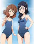  bikini black_hair blue_eyes breast_envy brown_eyes brown_hair competition_school_swimsuit glasses hibike!_euphonium highres long_hair multiple_girls one-piece_swimsuit oumae_kumiko school_swimsuit short_hair standing swimsuit tanaka_asuka vzmk2 