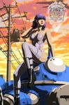  1girl copyright_name cyborg ghost_in_the_shell ghost_in_the_shell_stand_alone_complex jacket kit kusanagi_motoko military_vehicle powerlines purple_hair short_hair sitting tachikoma tank weapon 