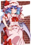 bat_wings blue_hair blush bow dress eichi_yuu fang hand_on_hip hat hat_ribbon highres looking_at_viewer mob_cap pink_dress red_bow red_eyes red_ribbon remilia_scarlet ribbon short_hair short_sleeves solo touhou wings wrist_cuffs 