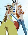  1girl bare_shoulders bikini_top black_hair breasts clima-tact facial_hair goatee goggles gradient gradient_background long_hair nami nami_(one_piece) navel one_piece open_mouth orange_hair pointing punk_hazard screencap standing stitched suspenders usopp 