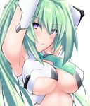  armpits arms_behind_head arms_up breasts green_hair green_heart highres large_breasts long_hair neptune_(series) parted_lips purple_eyes shishin_(shishintei) solo symbol-shaped_pupils upper_body white_background 