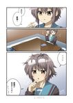  book brown_eyes cardigan comic eyewear_on_head flying_sweatdrops glasses grey_hair kita_high_school_uniform kotatsu maguta megane_megane nagato_yuki school_uniform serafuku short_hair suzumiya_haruhi_no_shoushitsu suzumiya_haruhi_no_yuuutsu table translated 