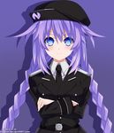  blue_eyes braid collar crossed_arms hat keenh necktie neptune_(series) purple_hair purple_heart solo twin_braids uniform 