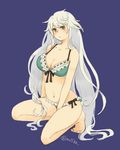  alternate_costume alternate_hairstyle bare_legs bare_shoulders bikini blue_background breasts cleavage frilled_bikini frills green_bikini hair_down jitome kantai_collection large_breasts long_hair looking_at_viewer navel sachilko_(motiko) side-tie_bikini silver_hair simple_background sitting solo stomach swimsuit twitter_username unryuu_(kantai_collection) very_long_hair yellow_eyes 