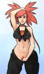  asuna_(pokemon) bad_id bad_tumblr_id breasts cowboy_shot front-tie_top gym_leader hand_in_pants large_breasts lips long_hair midriff navel no_panties nose pants_pull pokemon pokemon_(game) pokemon_rse ponytail pubic_hair pulled_by_self red_eyes red_hair scathegrapes slender_waist solo sweat toned 