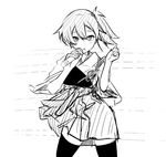  cowboy_shot greyscale hakama_skirt iwasaki_takashi japanese_clothes kaga_(kantai_collection) kantai_collection looking_at_viewer microphone monochrome muneate music side_ponytail singing sketch skirt solo thighhighs 