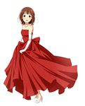  amami_haruka brown_hair dress elbow_gloves flower full_body gloves green_eyes hair_flower hair_ornament high_heels highres idolmaster idolmaster_(classic) jewelry jpeg_artifacts koiwai_ringo necklace open_mouth red_dress short_hair smile solo standing strapless strapless_dress white_background white_gloves 