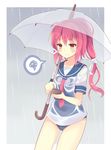  bad_id bad_pixiv_id cellphone i-168_(kantai_collection) kantai_collection long_hair narumi_midori phone ponytail red_eyes red_hair school_swimsuit school_uniform serafuku shirt solo swimsuit swimsuit_under_clothes transparent transparent_umbrella umbrella wet wet_clothes wet_shirt 