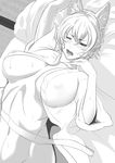  animal_ears blush breasts fang fox_ears greyscale hoshara large_breasts long_sleeves lying midriff monochrome navel nipples no_hat no_headwear on_back on_bed one_eye_closed open_clothes open_mouth out-of-frame_censoring short_hair solo sweat touhou wide_sleeves yakumo_ran 