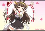  &gt;_&lt; :3 ahoge armpits arms_up bare_shoulders black_skirt brown_hair clenched_hands closed_eyes commentary_request cowboy_shot detached_sleeves headgear kantai_collection kongou_(kantai_collection) letterboxed long_hair long_sleeves nontraditional_miko pleated_skirt pout ribbon-trimmed_sleeves ribbon_trim skirt solo standing stolas_(lemegeton) x3 