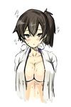  blush breasts iwasaki_takashi kaga_(kantai_collection) kantai_collection large_breasts looking_at_viewer no_bra open_clothes short_hair simple_background sketch solo white_background 