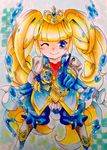  absurdres blonde_hair blue_eyes blue_gloves checkered checkered_background diadem gloves hand_on_hip highres kuchisake_ato louis_xiii_(monster_strike) marker_(medium) monster_strike one_eye_closed puffy_sleeves smile solo traditional_media twintails water 