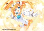  2015 :d absurdres blue_eyes blush breasts company_name cowboy_shot elbow_gloves gloves headdress highres holding long_hair medium_breasts megaphone neptune_(series) number official_art open_mouth orange_background orange_hair orange_heart outstretched_arm power_symbol shield shin_jigen_game_neptune_vii smile solo star symbol-shaped_pupils tsunako watermark white_gloves 