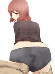  1girl ass black_panties from_behind hetero highres horikawa_raiko long_sleeves looking_at_viewer looking_back out_of_frame panties penis penis_under_clothes plaid plaid_shirt red_eyes red_hair shirt short_hair simple_background solo_focus sweat touhou underwear wet wet_clothes wet_panties white_background zakku_(kya--193) 