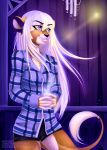  chimes clothed clothing cup feline female hair lion mammal outside purple_eyes solapi_(artist) solo white_hair 