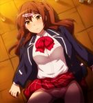  ass_visible_through_thighs blush bow bow_panties brown_eyes brown_hair chuunibyou_demo_koi_ga_shitai! hairu long_hair looking_at_viewer lying nibutani_shinka panties pink_panties plaid plaid_skirt school_uniform side_ponytail skirt solo underwear 