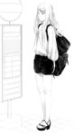  backpack bag bus_stop full_body greyscale highres long_sleeves monochrome original shirt shorts solo sousou_(sousouworks) 