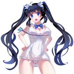  :d blue_eyes blue_ribbon blush_stickers breasts cleavage dungeon_ni_deai_wo_motomeru_no_wa_machigatteiru_darou_ka hair_ribbon hands_on_hips hestia_(danmachi) large_breasts long_hair md5_mismatch no_gloves open_mouth qin rei_no_himo ribbon simple_background smile solo twintails v-shaped_eyebrows white_background 