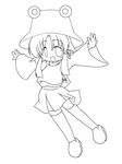  greyscale hair_ribbon hat lineart moegi_yuu monochrome moriya_suwako no_nose outstretched_arms ribbon short_hair_with_long_locks simple_background solo spread_arms thighhighs touhou white_background wide_sleeves 