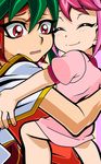  1girl bad_id bad_pixiv_id closed_eyes egasa hiiragi_yuzu hug pink_hair sakaki_yuuya smile younger yuu-gi-ou yuu-gi-ou_arc-v 