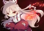  black_background blush bow fire fujiwara_no_mokou hair_bow hair_ornament hair_ribbon long_hair long_sleeves looking_at_viewer matatabi_(nigatsu) pants puffy_sleeves red_eyes ribbon shirt silver_hair simple_background smile solo squatting touhou 