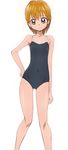  brown_eyes brown_hair covered_navel futari_wa_precure hand_on_hip manji_(tenketsu) misumi_nagisa one-piece_swimsuit precure school_swimsuit short_hair simple_background solo swimsuit white_background 