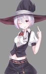  bad_id bad_pixiv_id blush bow bowtie earrings frills gloves gloves_removed hat highres jewelry middle_finger midriff mouth_hold navel one_eye_closed original red_eyes rerrere silver_hair single_glove smile solo witch_hat 