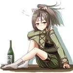  ankle_socks blush bottle brown_eyes brown_hair drunk hachimaki hakama_pants headband high_ponytail japanese_clothes kantai_collection looking_at_viewer muneate no_shoes rabochicken remodel_(kantai_collection) sake_bottle simple_background sitting smile solo white_background white_legwear zuihou_(kantai_collection) 