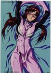  arms_up bangs bed_sheet blue_eyes blush bodysuit brown_hair cowboy_shot den_sugiyama from_above glasses gloves hairband hands_together highres licking_lips long_hair looking_at_viewer low_twintails lying makinami_mari_illustrious naughty_face neon_genesis_evangelion non-web_source on_bed parted_bangs pilot_suit pink_bodysuit plugsuit rebuild_of_evangelion red-framed_eyewear scan skin_tight solo tongue tongue_out turtleneck twintails 