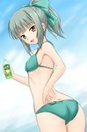  ass bikini bottle bow brown_eyes from_behind fuuma_nagi grey_hair hair_bow highres kantai_collection ponytail short_hair swimsuit yuubari_(kantai_collection) 