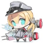  anchor_hair_ornament blonde_hair blue_eyes hair_ornament hat iron_cross kantai_collection long_hair long_sleeves lowres machinery military military_uniform minono_aki peaked_cap prinz_eugen_(kantai_collection) simple_background smile solo standing turret twintails uniform white_background 