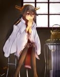  bad_id bad_pixiv_id breathing_on_hands cold commentary hairband hands_together haruna_(kantai_collection) headgear heater indoors kantai_collection kettle long_hair military_jacket scarf signature sitting solo stool suohachi thighhighs window 