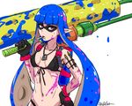  akairiot artist_name bikini black_bikini black_gloves blue_hair breasts cigarette cleavage commentary dog_tags domino_mask gloves hand_on_hip ink_tank_(splatoon) inkling jewelry long_hair looking_at_viewer mask monster_girl navel necklace over_shoulder paint paintbrush pointy_ears red_eyes simple_background small_breasts smoking solo splat_roller_(splatoon) splatoon_(series) splatoon_1 swimsuit tentacle_hair water_gun weapon weapon_over_shoulder white_background 