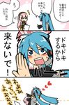  bad_id bad_pixiv_id blue_eyes blue_hair blush comic commentary_request detached_sleeves hatsune_miku headset heart hug long_hair megurine_luka multiple_girls necktie open_mouth paper pink_hair rita_(56yellow) sweatdrop translated twintails very_long_hair vocaloid yuri 