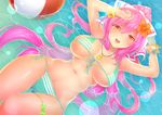  ahoge ball beachball bikini breasts flower hair_flower hair_ornament hibiscus highres katoma large_breasts long_hair looking_at_viewer open_mouth partially_submerged pink_eyes pink_hair rasis solo sound_voltex striped striped_bikini swimsuit 