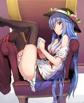  between_breasts black_legwear blouse blue_hair breasts chair colorized cup cupping food fruit hair_censor hat hinanawi_tenshi holding long_hair looking_at_viewer looking_to_the_side medium_breasts mug neck_ribbon necktie necktie_between_breasts neropaso off_shoulder open_clothes open_shirt peach reclining red_eyes ribbon shirt short_sleeves sideways_glance simple_background sitting_sideways sketch solo thighhighs touhou very_long_hair white_shirt 