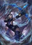  armlet armpits arrow ashe_(league_of_legends) blue_legwear bow bow_(weapon) breasts cglas drawing_bow gloves highres hood large_breasts league_of_legends long_hair sideboob solo thighhighs watermark weapon web_address white_hair 