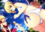  absurdres ahoge aqua_eyes artoria_pendragon_(all) ass ass_focus ball beachball bikini black_swimsuit blonde_hair blue_sky bottle breasts cameltoe cleavage cloud day fate/extra fate/hollow_ataraxia fate/stay_night fate/unlimited_codes fate_(series) green_eyes highres jianren looking_at_viewer looking_back medium_breasts multiple_girls multiple_persona nero_claudius_(fate) nero_claudius_(fate)_(all) open_mouth red_bikini saber saber_alter saber_lily side-tie_bikini sky smile swimsuit thigh_gap white_bikini 
