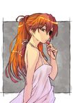  arm_at_side bangs bare_shoulders blood bloody_hands blue_eyes candy coo_(cooarts) dress eyepatch food from_side hair_between_eyes halterneck highres lollipop long_hair looking_at_viewer nail_polish neon_genesis_evangelion orange_hair pink_nails rebuild_of_evangelion scrunchie shikinami_asuka_langley sleeveless sleeveless_dress solo souryuu_asuka_langley upper_body white_dress 