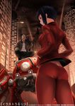  ass batou black_hair blue_eyes building cowboy_shot from_behind ghost_in_the_shell ghost_in_the_shell_arise hands_in_pockets jacket kusanagi_motoko logicoma looking_back night night_sky pantylines short_hair sky skyscraper squatting standing ulrich_(tagaragakuin) 
