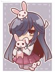  animal animal_ears animal_on_head artist_name black_hair bloom2425 bow bowtie bunny bunny_on_head chibi hair_over_one_eye hair_ribbon hayashimo_(kantai_collection) holding holding_animal kantai_collection long_hair looking_at_viewer on_head pantyhose ribbon school_uniform skirt solo twitter_username very_long_hair 