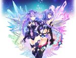  :3 absurdres ass back back-to-back bangs bare_shoulders blue_eyes blue_hair braid breasts cleavage cleavage_cutout covered_navel garter_straps gloves glowing gradient gradient_hair hair_between_eyes hair_ornament half-closed_eyes halterneck highres huge_filesize iris_heart kami_jigen_game_neptune_v leotard light_smile long_hair looking_at_viewer looking_back medium_breasts multicolored_hair multiple_girls neptune_(series) number official_art outstretched_arm outstretched_hand power_symbol profile purple_hair purple_heart red_eyes smile standing strapless strapless_leotard symbol-shaped_pupils thighhighs thong thong_leotard tsunako turtleneck twin_braids very_long_hair 