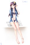  anklet bamboo9545 barefoot bikini bikini_under_clothes black_hair blue_eyes front-tie_top highres idolmaster idolmaster_million_live! jewelry long_hair mogami_shizuka navel open_clothes open_mouth open_shirt shirt sitting smile solo striped striped_bikini swimsuit swimsuit_under_clothes 