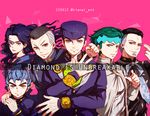  5boys anchor_symbol artist_name black_hair blue_eyes blue_hair copyright_name dollar_sign earrings fungami_yuuya gakuran green_eyes green_hair grey_hair headband heart higashikata_jousuke hirose_kouichi jewelry jojo_no_kimyou_na_bouken kishibe_rohan multicolored_hair multiple_boys nijimura_okuyasu peace_symbol pink_background pointing pointing_at_viewer pompadour purple_hair school_uniform serafuku tattoo tianel_ent triangle two-tone_hair wrist_cuffs yamagishi_yukako yen_sign 