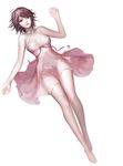  bare_legs bare_shoulders barefoot breasts brown_hair choker ddongu dress dutch_angle highres long_legs medium_breasts original pink_dress purple_eyes ribbon_choker short_hair solo strapless strapless_dress white_background 