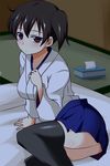  ass black_legwear blush breasts brown_eyes brown_hair commentary_request futon highres jewelry kaga_(kantai_collection) kantai_collection large_breasts looking_at_viewer nishi_koutarou ring shirt side_ponytail sitting skirt solo tatami thighhighs tissue_box zettai_ryouiki 