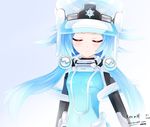  1girl :3 armor artist_name blanc blue_hair blush bodysuit cabbie_hat choujigen_game_neptune covered_navel dated eyes_closed faulds flipped_hair gorget gradient gradient_background hair_ornament hat keenh magical_girl neptune_(series) next_white shin_jigen_game_neptune_vii short_hair_with_long_locks sidelocks signature small_breasts solo upper_body watermark web_address white_heart 